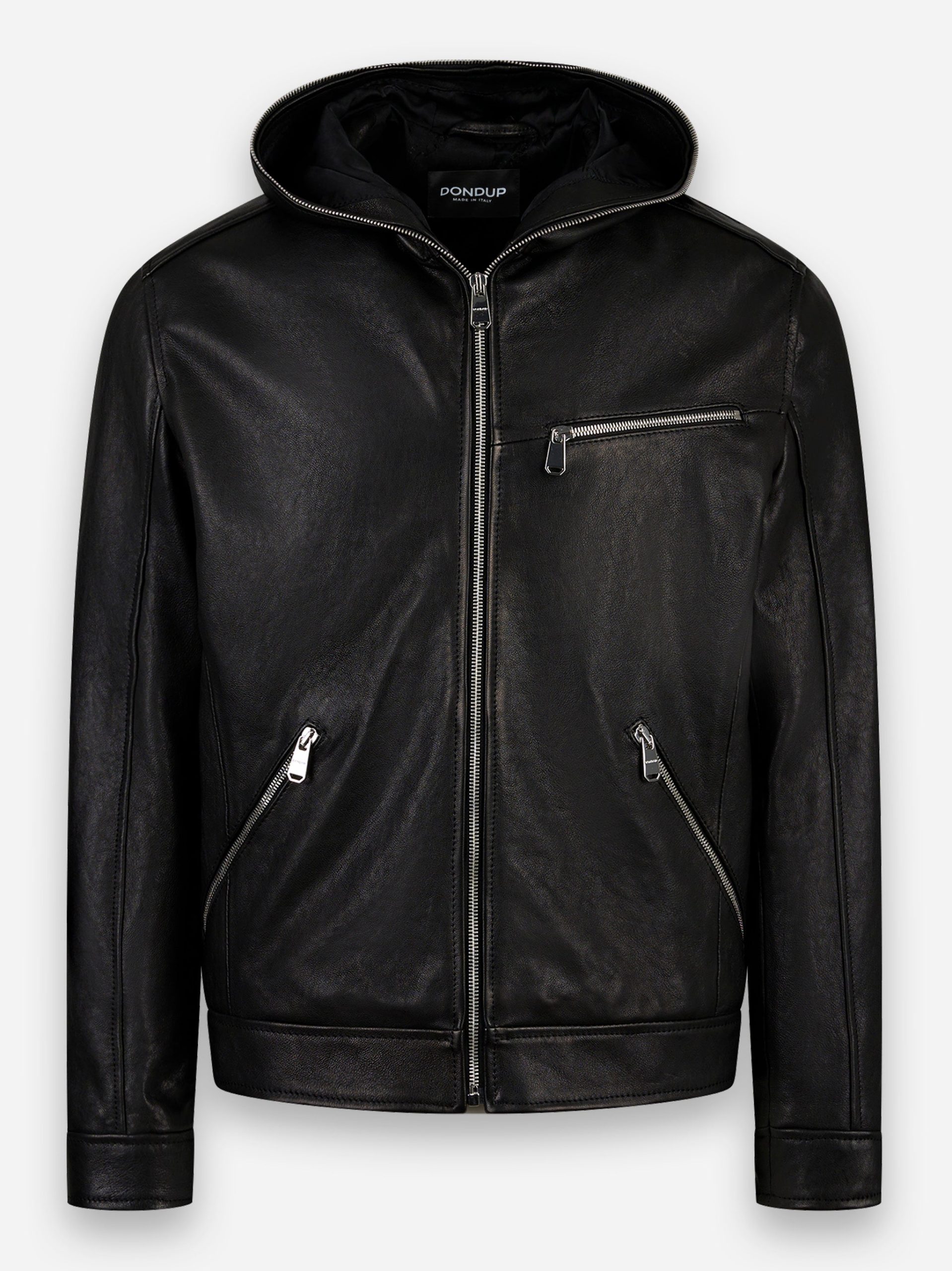 Giacca in pelle con cappuccio Nero