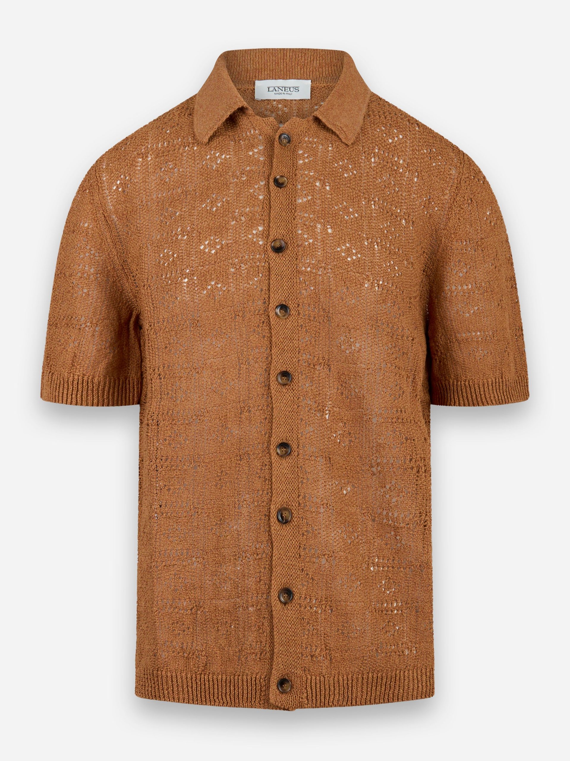 Polo camicia manica corta in cotone e lino Marrone