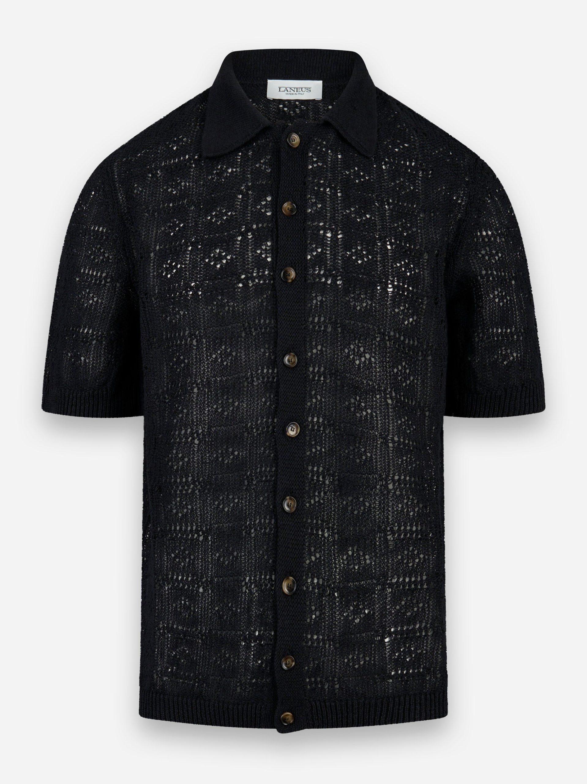 Polo camicia manica corta in cotone e lino Nero