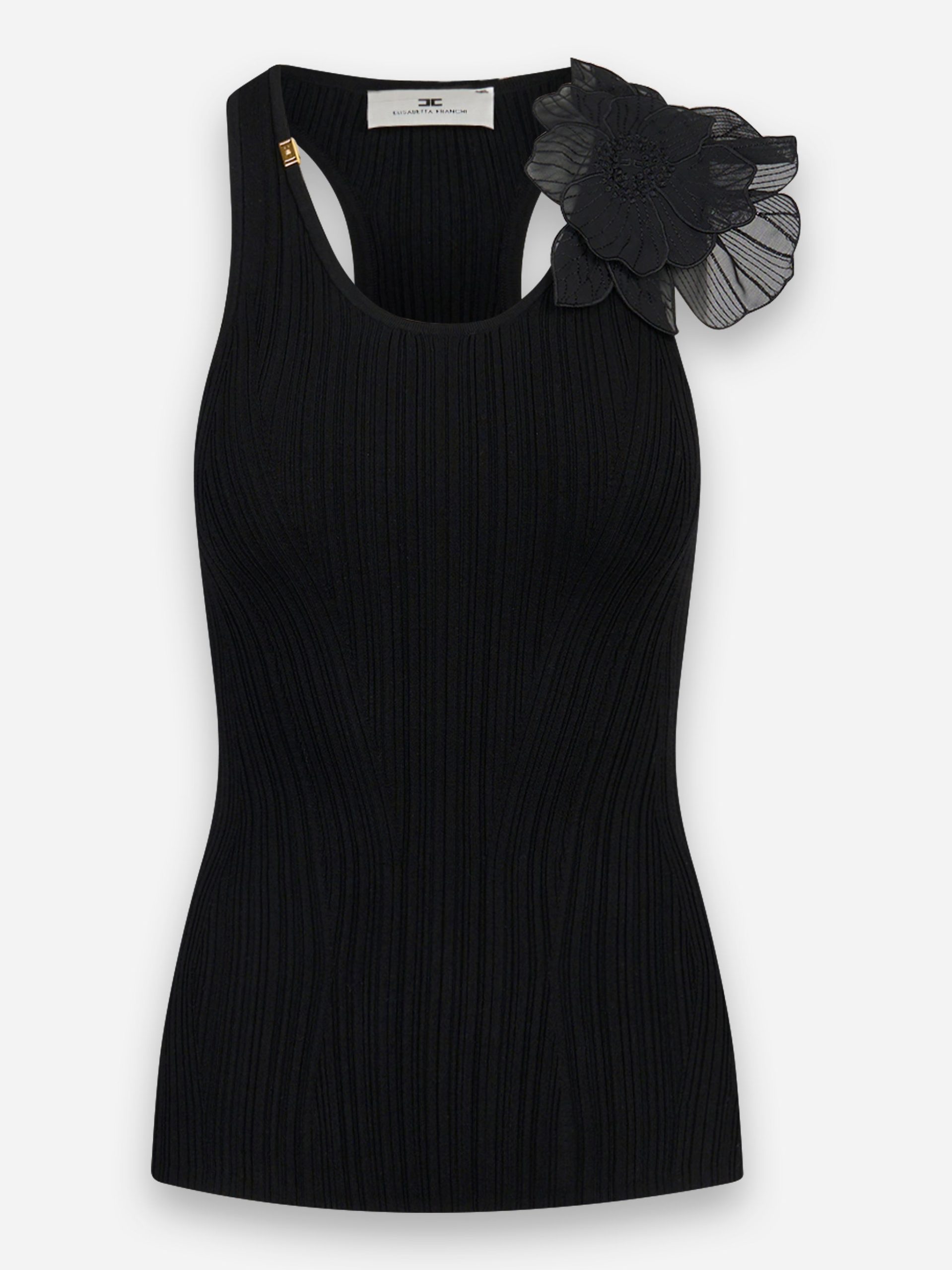 Canotta a costine con fiore Nero