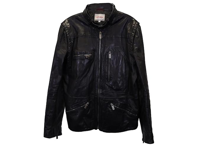 Giacca Moto Kenzo con zip frontale in pelle di vitello nera Nero