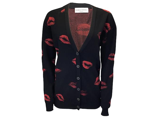 Sonia Rykiel Black / Maglione cardigan lavorato a maglia in lana con stampa labbra rosse Nero