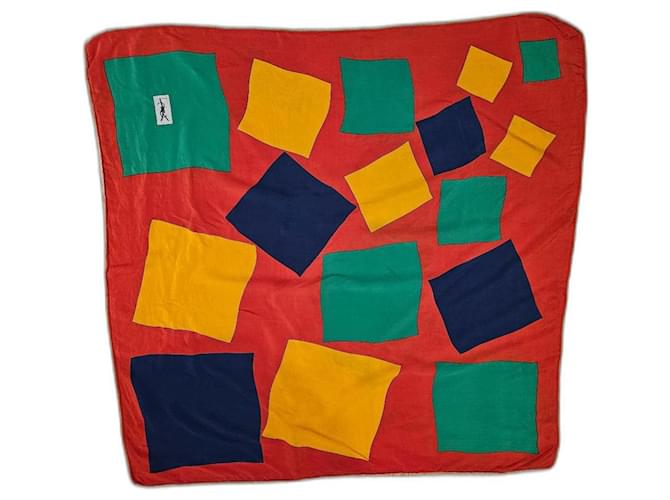 Yves Saint Laurent Sciarpa di seta YSL Rosso Verde Arancione Blu navy