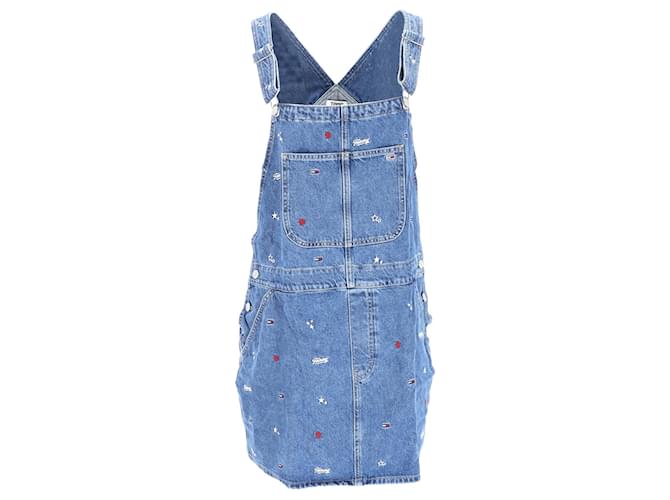 Abito salopette da donna con ricamo in denim riciclato Tommy Hilfiger in cotone blu