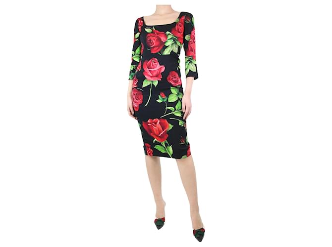 Dolce & Gabbana Abito con stampa di rose in misto seta nero e rosso - taglia UK 12