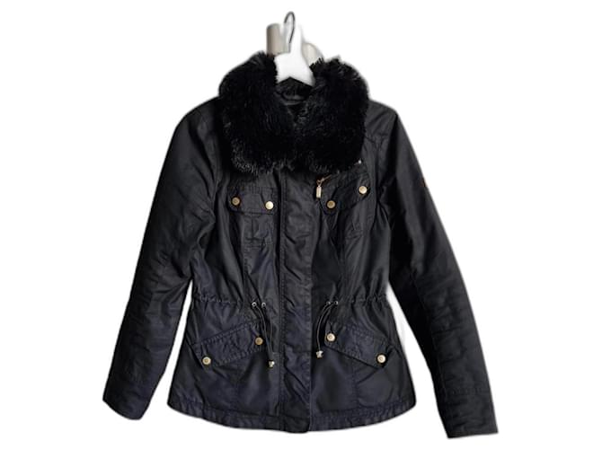 Giacca moto nera encerata con pelliccia sintetica Barbour International Nero