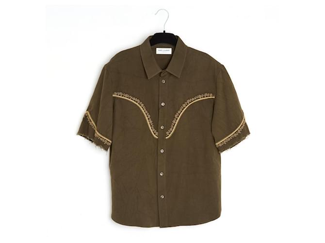 Top Saint Laurent FR42 con ricami western in cotone vintage taglia US12. Cachi