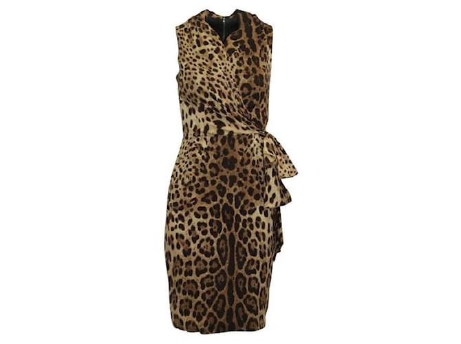 Abito midi con stampa leopardata Dolce & Gabbana con fiocco Marrone