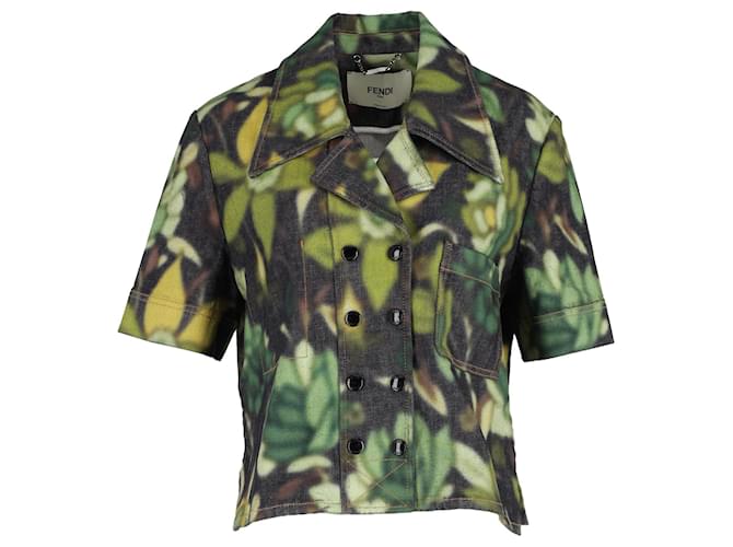 Giacca Fendi a maniche corte con bottoni floreali in cotone verde