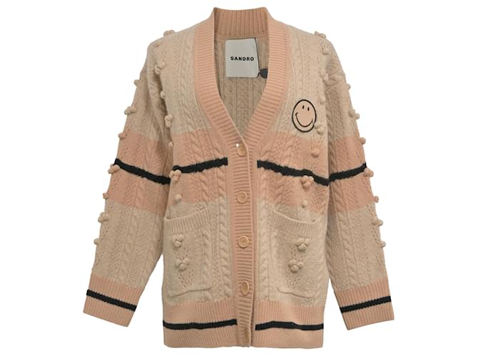 Cardigan in maglia ricamato con faccina Sandro Simon in lana beige