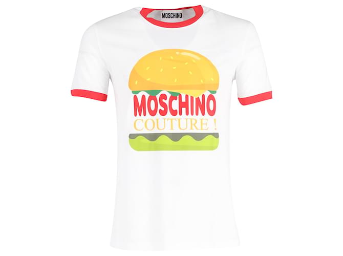 T-shirt girocollo con stampa Burger Moschino Couture in cotone bianco