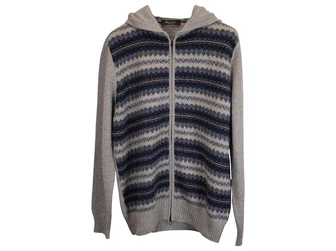 Felpa con cappuccio con zip Fair Isle Loro Piana in cashmere grigio