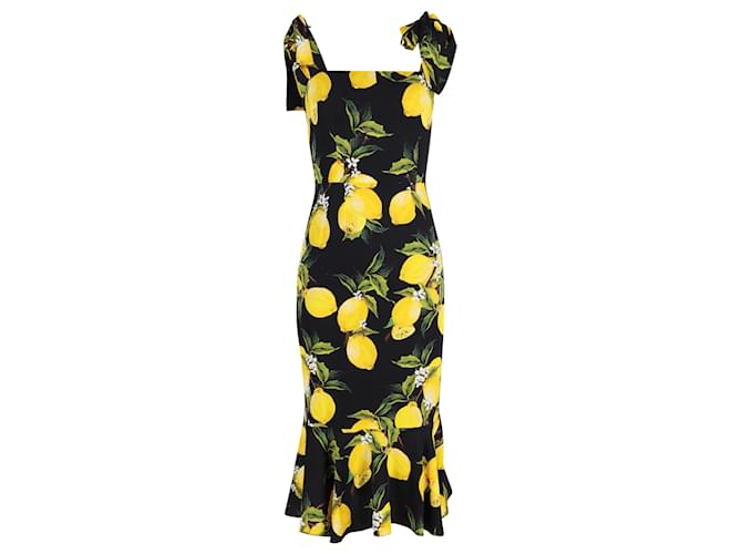 Abito midi Dolce & Gabbana con stampa limone in seta gialla e nera Giallo