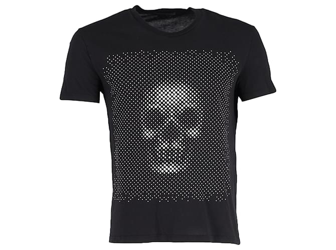 T-shirt a girocollo in cotone nero con stampa teschio ottica Alexander McQueen