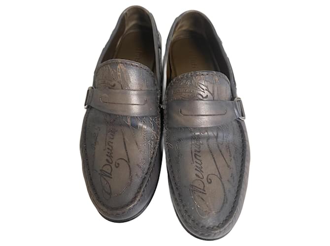 BERLUTI Infini Gray Scritto Mocassino in pelle da uomo taglia 43 Grigio