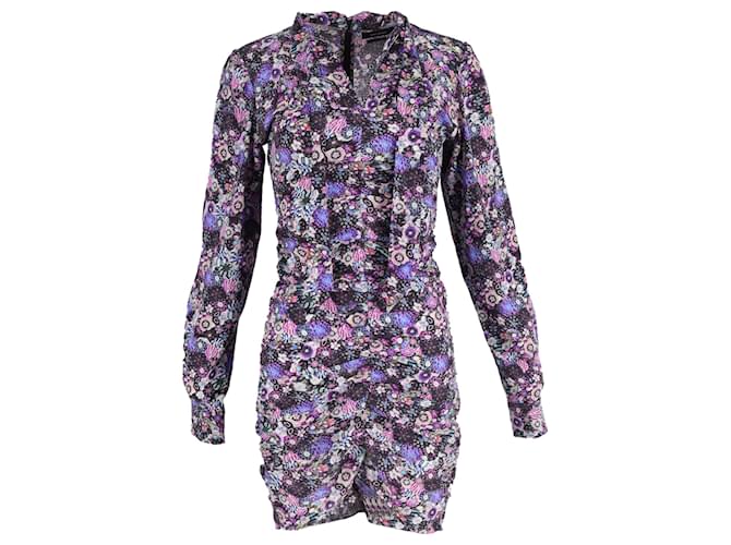 Abito mini con fiocco arricciato in seta viola con stampa floreale di Isabel Marant