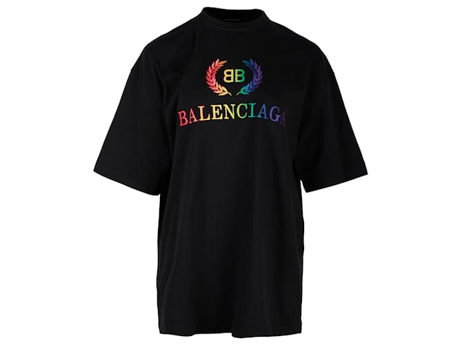 T-shirt Balenciaga Logo Arcobaleno in Cotone Nero