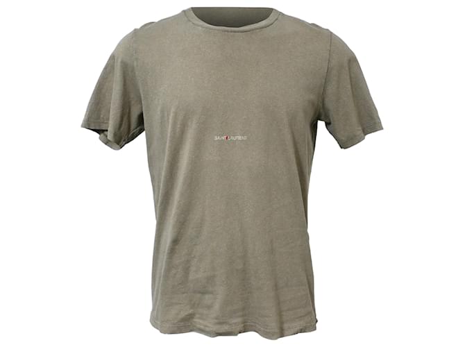 T-shirt in cotone khaki con stampa logo Saint Laurent effetto usurato Verde Cachi