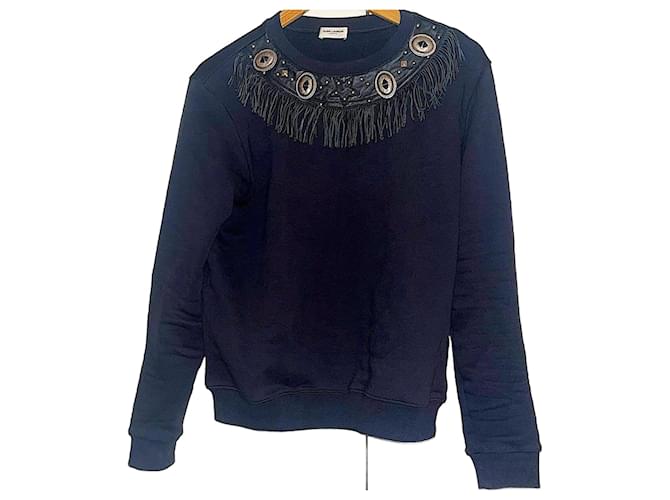 Felpa autentica Saint Laurent 14 AW Slimane in pelle di agnello con frange e ornamento in metallo Nero