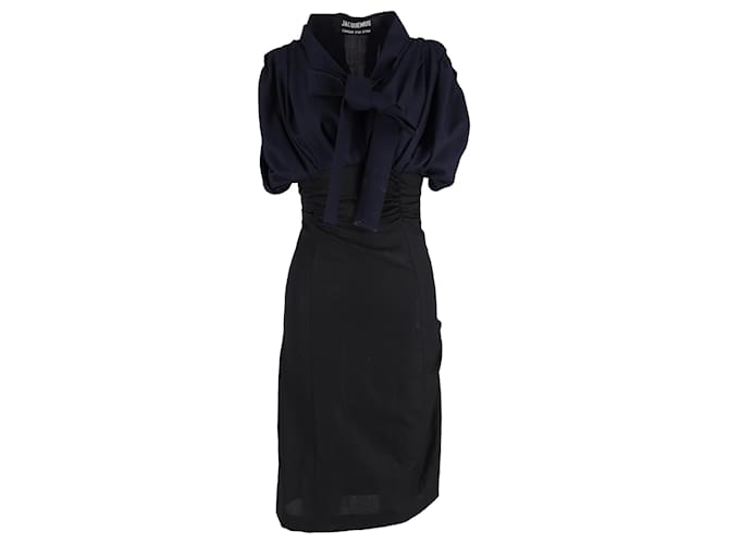 Abito Midi Madame Jacquemus in lana blu navy con dettaglio in nastro