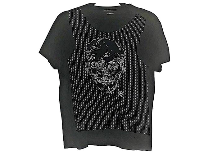 T-shirt con teschio a righe nere autentica Alexander McQueen Nero