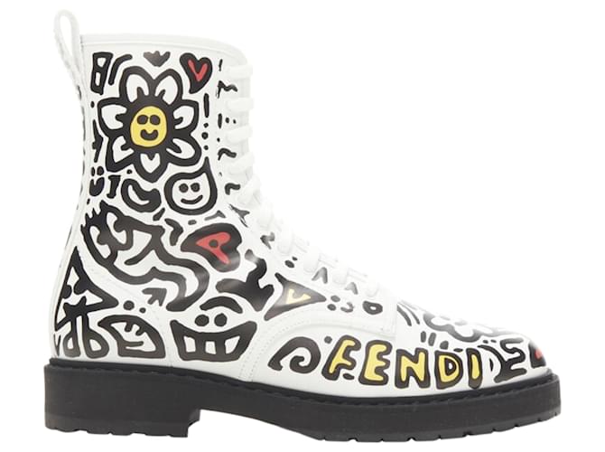 Stivale da combattimento con lacci e stampa graffiti logo Fendi Mr Doodle Bianco