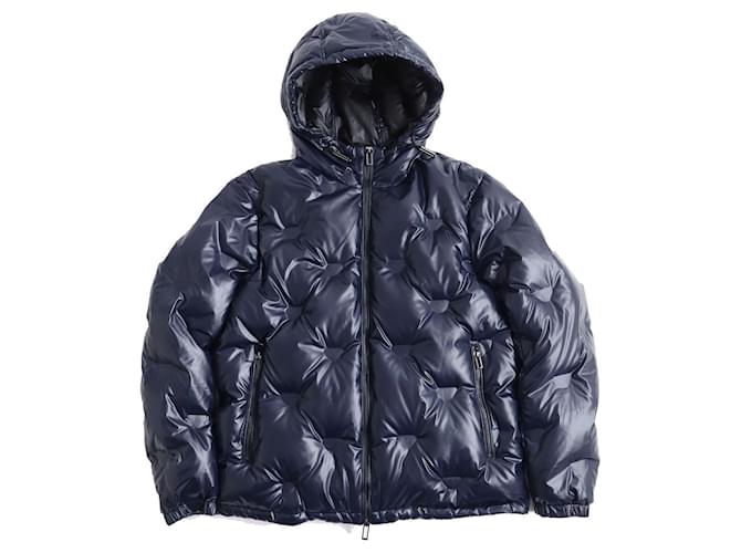 Giacca imbottita con cappuccio blu navy con logo Emporio Armani in rilievo taglia 48