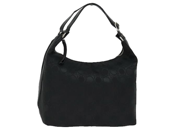 Borsa a spalla Gancini in nylon nero e argento di Salvatore Ferragamo Auth bs18811
