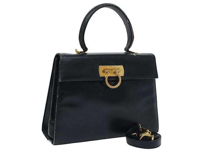 Borsa a mano in pelle Gancini di Salvatore Ferragamo 2 vie blu navy oro Auth 94973 D'oro
