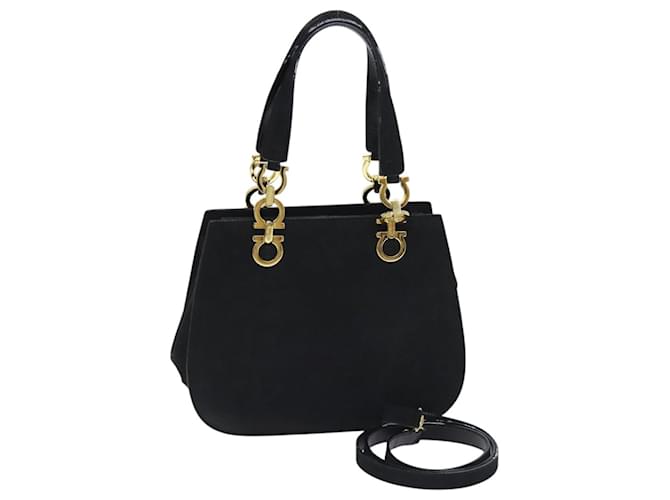 Borsa a mano Gancini in suede Salvatore Ferragamo 2way Nero Oro Auth 93549 D'oro