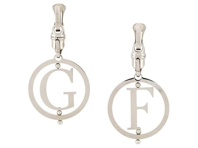 Orecchini a cerchio argentati con logo Gianfranco Ferré - Anni 2000 Argento