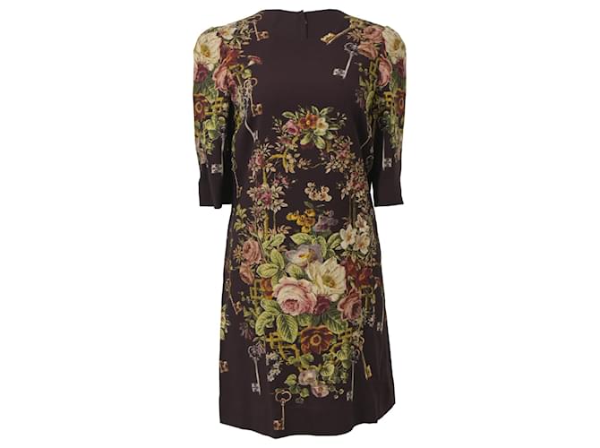 Abito Mini Stampato Fiori e Chiavi Dolce & Gabbana in Viscosa Multicolore