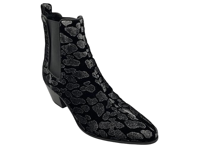 Stivaletti in velluto leopardato nero glitterato Saint Laurent