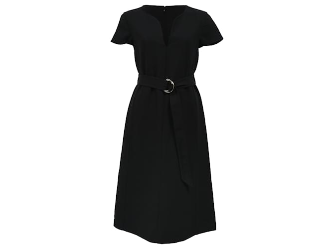 Abito nero in lana con scollo a V e cintura di Salvatore Ferragamo