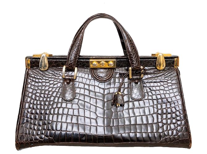 Autre Marque Borsa a mano in pelle di coccodrillo vintage Marrone