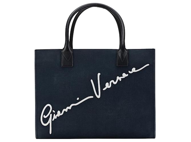 Borsa tote in tela e pelle blu navy Versace