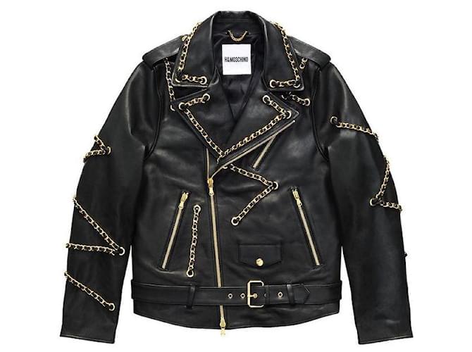 Giacca da motociclista in pelle genuina con dettagli in catena Moschino per H&M Nero Gold hardware