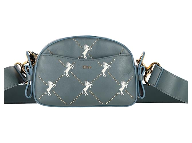 Borsa a tracolla Chloé Cloudy in pelle blu con ricamo di cavallo