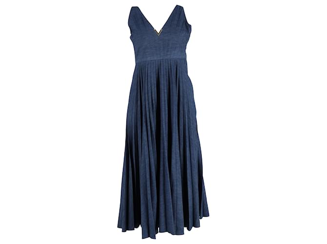Abito maxi plissettato in cotone blu con dettaglio V-Gold di Red Valentino Garavani