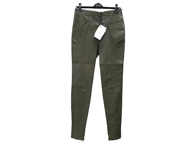 Pantaloni slim in pelle khaki Balmain NWT taglia 42 Cachi