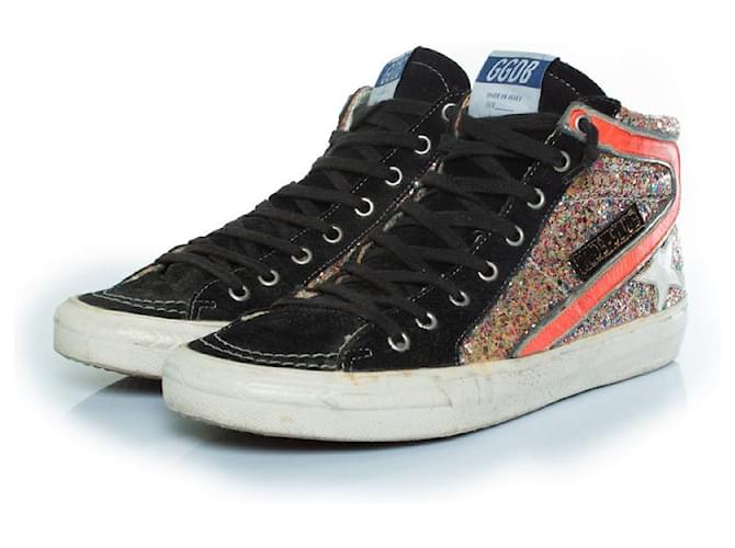 Golden Goose, Sneakers alte glitter con suede Nero Rosso Multicolore