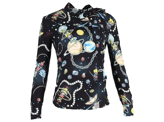 Blusa stampata Love Moschino con fiocco al collo in satin multicolore