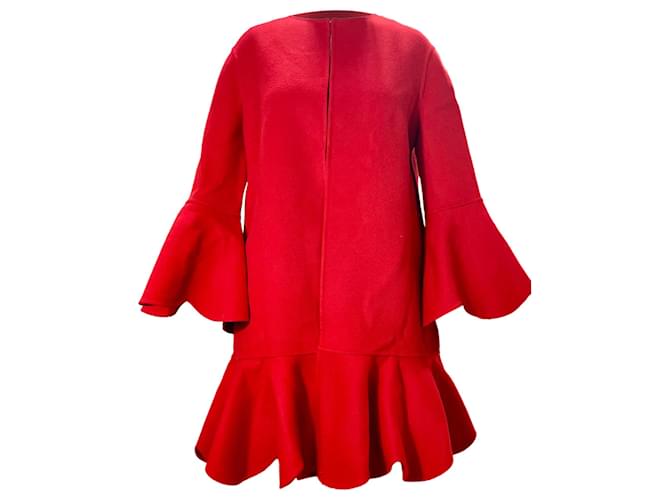 Cappotto a maniche a campana con orlo arricciato in lana rossa di Valentino Garavani Rosso
