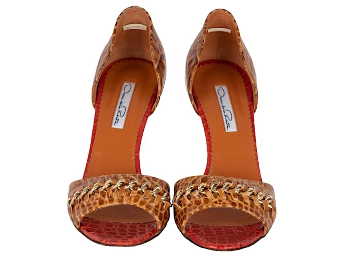 Décolleté D'orsay in pelle con stampa alligatore e catena Oscar de la Renta - '10s Marrone