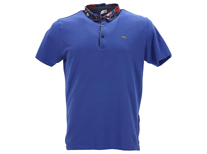 Polo in cotone blu con colletto stampato Etro