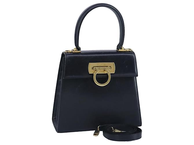 Borsa a mano in pelle Gancini di Salvatore Ferragamo 2 vie Blu Navy Oro Auth 98122 D'oro