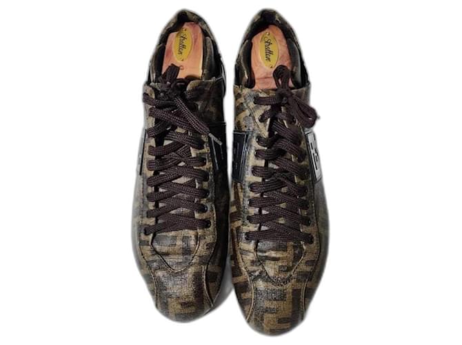 Sneakers basse in tela e pelle Fendi Zucca marrone tabacco/nero taglia 6 e mezzo