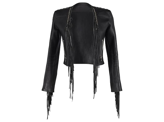 Giacca corta con frange Balmain in pelle nera Nero