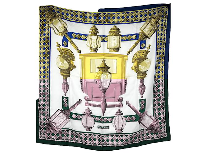 Sciarpa in seta Hermès degli anni '80 "Feux de route" di Cathy Latham Blu Giallo Bianco sporco Blu navy