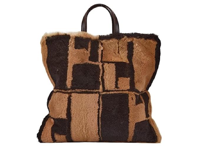 Borsa a mano in pelle e pelliccia Loewe Marrone